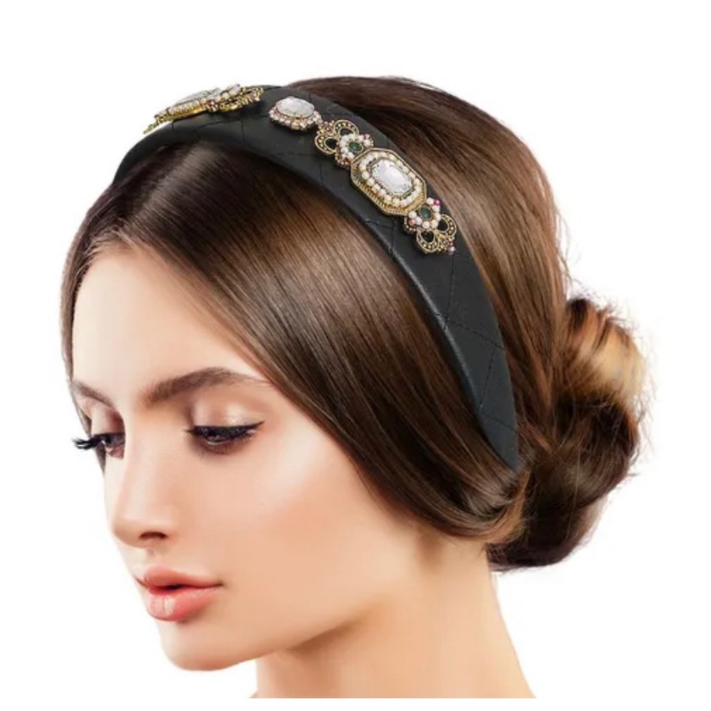 Designer Black Vegan Leather Stitch Headband